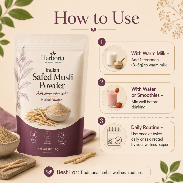 Fine texture of Herboria Indian Safed Musli root powder
