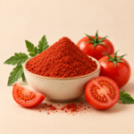 Herboria Tomato Powder pouch with bowl of tomato powder and fresh tomatoes