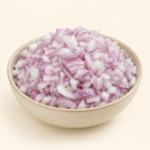 Herboria Fresh Onion Crushed 500gm pouch with crushed pyaz in bowl and fresh red onions