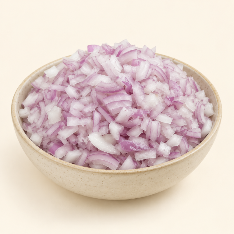 Herboria Fresh Onion Crushed 500gm pouch with crushed pyaz in bowl and fresh red onions