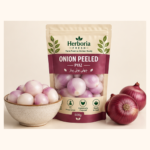 Herboria Fresh Onion Peeled 500g pouch with peeled pyaz in bowl and whole red onions