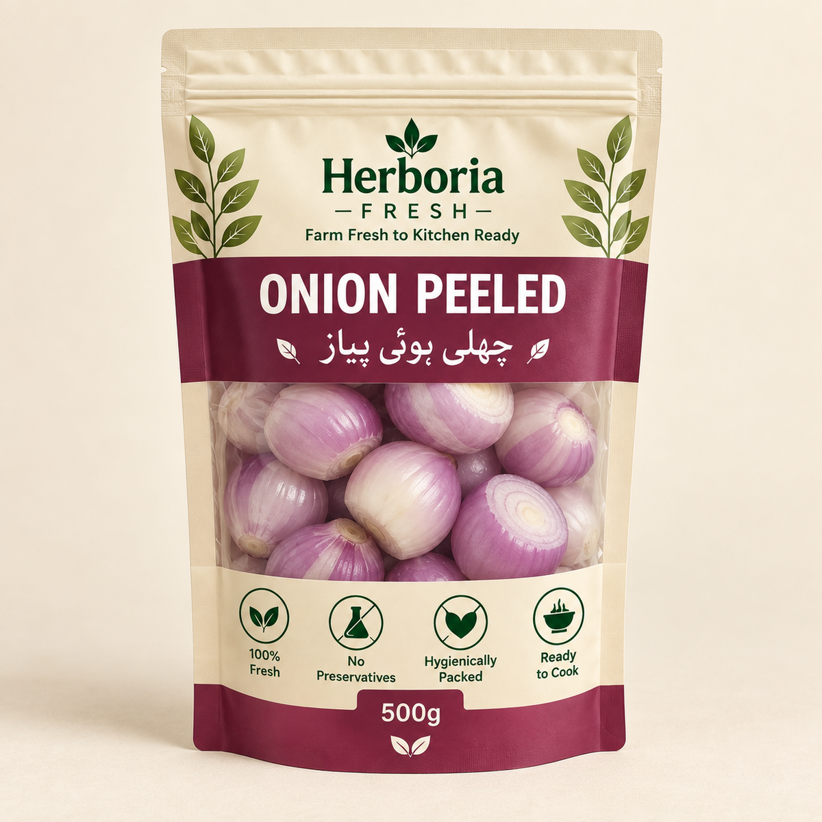 Herboria Fresh Onion Peeled 500g ready-to-cook whole peeled pyaz in hygienically packed pouch Herboria Fresh Onion Peeled 500g ready-to-cook whole peeled pyaz