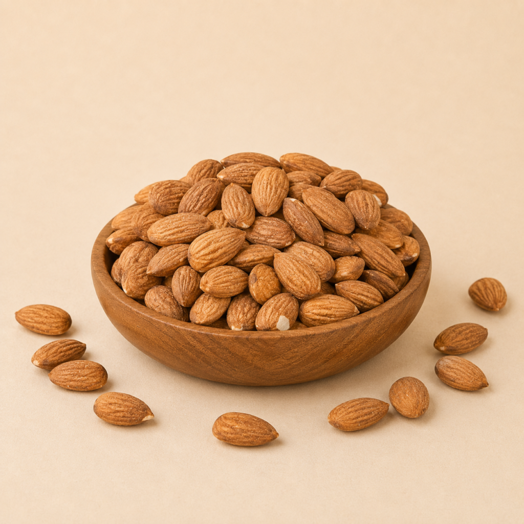Desi Gulbandi almonds pouch with traditional badam giri in wooden bowl