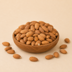 Desi Gulbandi almonds pouch with traditional badam giri in wooden bowl