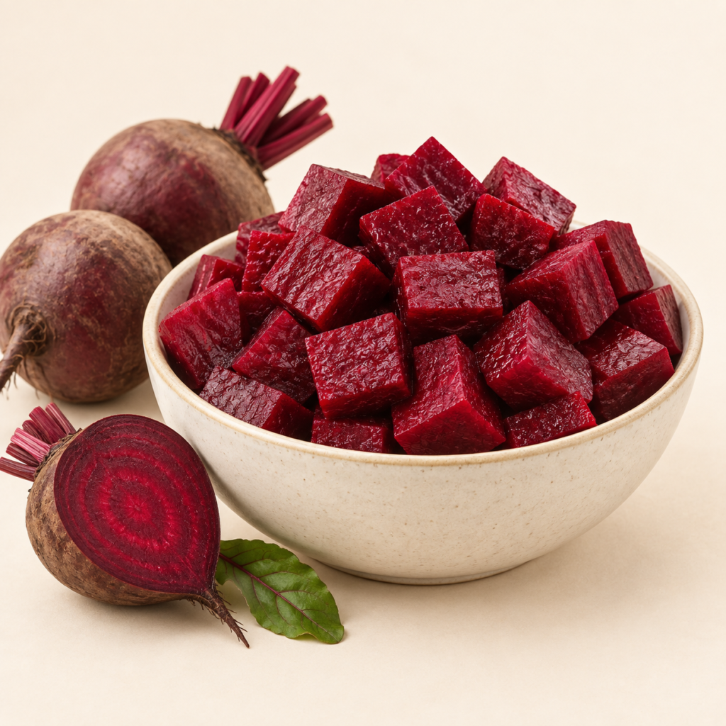 Herboria Fresh Beetroot Juice Cut pouch with fresh beetroot chunks in ceramic bowl
