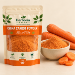 Natural China carrot powder in ceramic bowl with fresh orange carrots on cream background