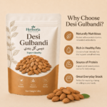 Herboria Desi Gulbandi almonds 125g pouch showing ingredients and storage instructions
