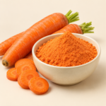 Herboria China Carrot Powder 125g pouch with fresh carrots and orange carrot powder in bowl