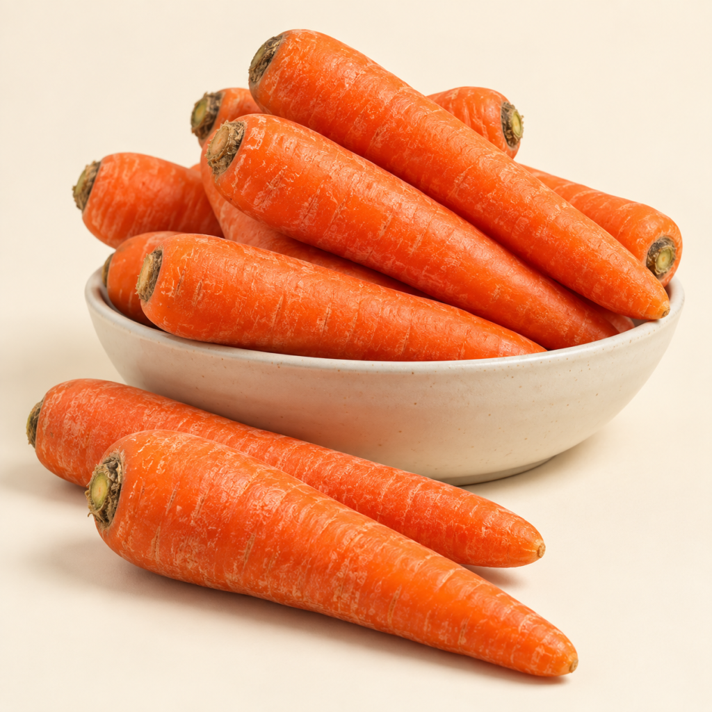 Fresh whole China carrots orange gajar in ceramic bowl on cream background