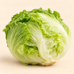 Fresh crisp iceberg lettuce head with green leaves on cream background