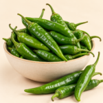 Herboria Fresh Green Chili Large 250g pouch with fresh green chilies in ceramic bowl