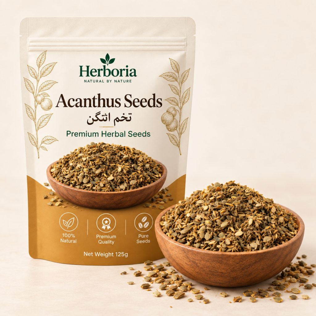 Herboria Acanthus Seeds 125g pouch with bowl of Tukhm-e-Utangan seeds on cream background