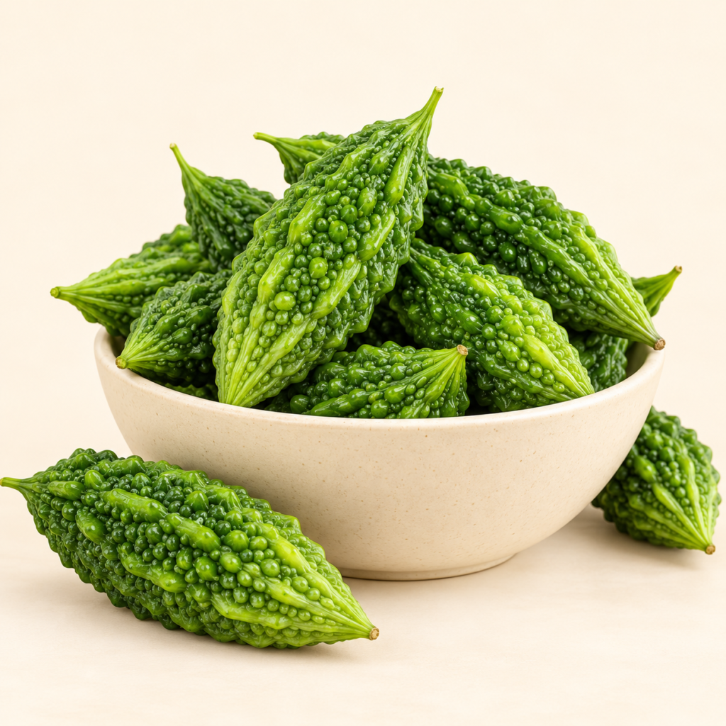 Herboria Fresh Bitter Gourd Whole 500g pouch with fresh whole karela in bowl