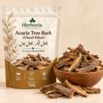 Herboria Acacia Tree Bark 125g pouch with natural Chaal Kikar Babool bark pieces in wooden bowl