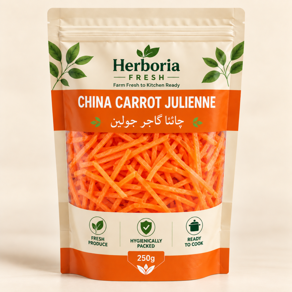 Main product image: Herboria Fresh China Carrot Julienne 250g hygienically packed ready-to-cook orange carrot strips