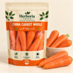 Herboria Fresh China Carrot Whole 500g pouch with fresh whole orange carrots in ceramic bowl