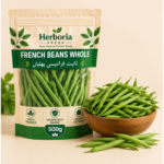 Fresh whole French beans green beans in bowl on light cream background