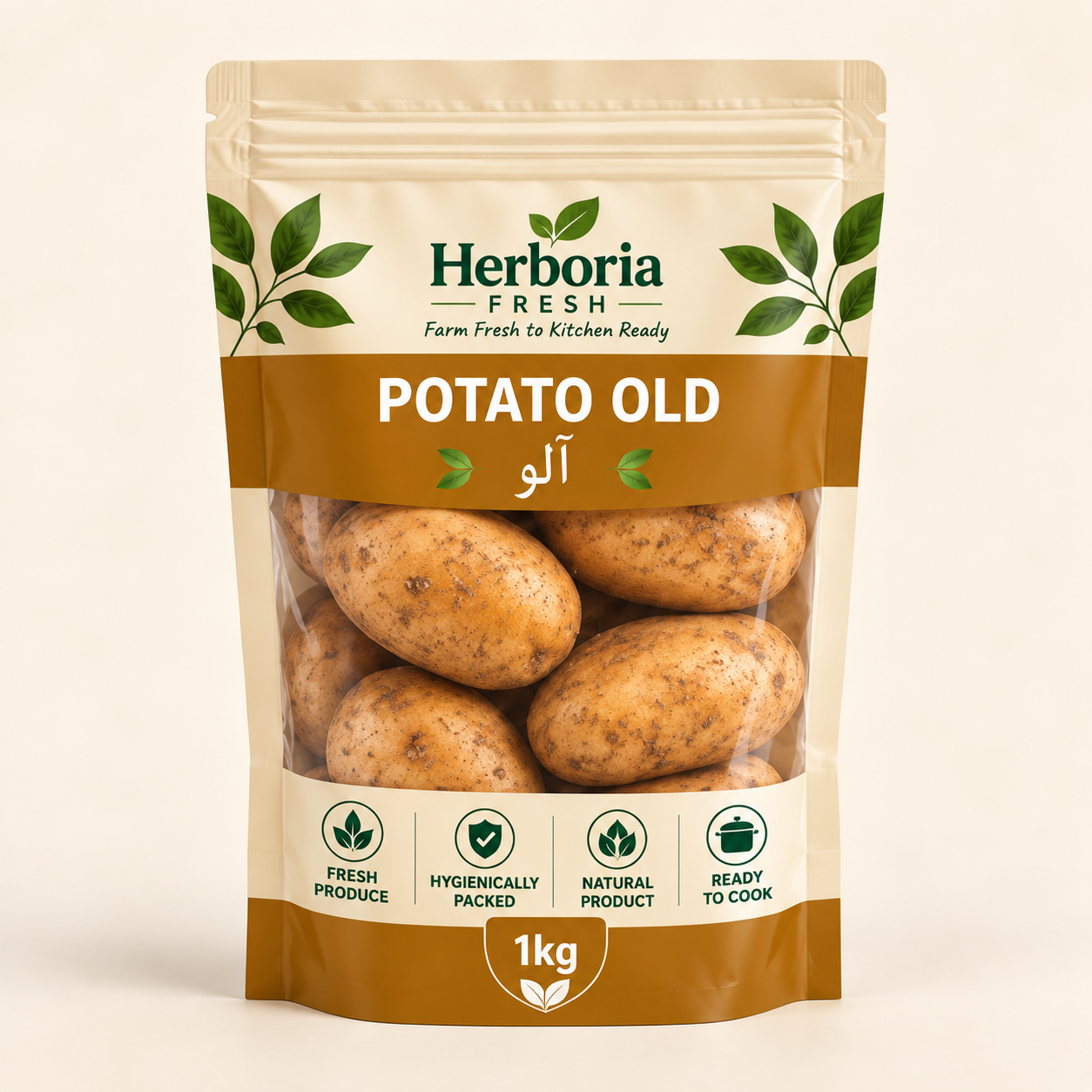 herboria-fresh-potato-old-1kg Herboria Fresh Potato Old 1kg hygienically packed fresh aloo in golden brown pouch