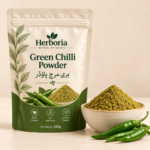 Herboria Green Chilli Powder 125g pouch with fresh green chillies and hari mirch powder in bowl