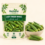 Herboria Fresh Lady Finger Whole 500g pouch with fresh whole okra in ceramic bowl