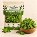Fresh mint bunch pudina leaves in wooden bowl on cream background