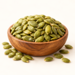 Premium whole pumpkin seeds kaddu ke beej in wooden bowl on light cream background