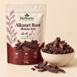 Herboria Alkanet Root Ratan Jot 125g pouch with natural dried root pieces in ceramic bowl