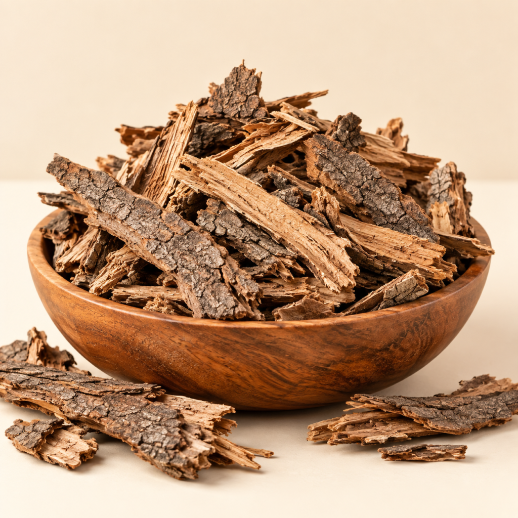 Natural Acacia Tree Bark Chaal Kikar Babool bark pieces in wooden bowl on cream background