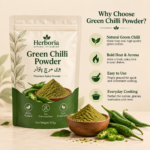 Back of Herboria Green Chilli Powder 125g pouch with ingredients usage storage and batch details
